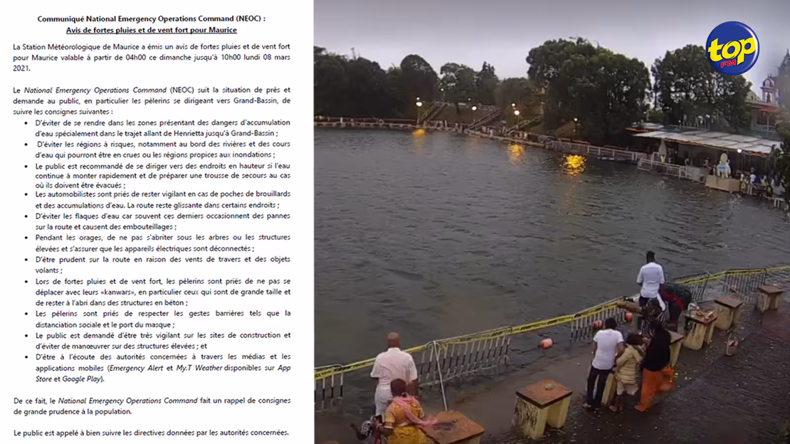 Communiqué émis par le NEOC après l’avis de fortes pluies et de vents forts émis par la Station metéo: Evitez les zones présentant des dangers d’accumulation d’eau,surtout sur le trajet à partir de  Henrietta à Grand-Bassin
