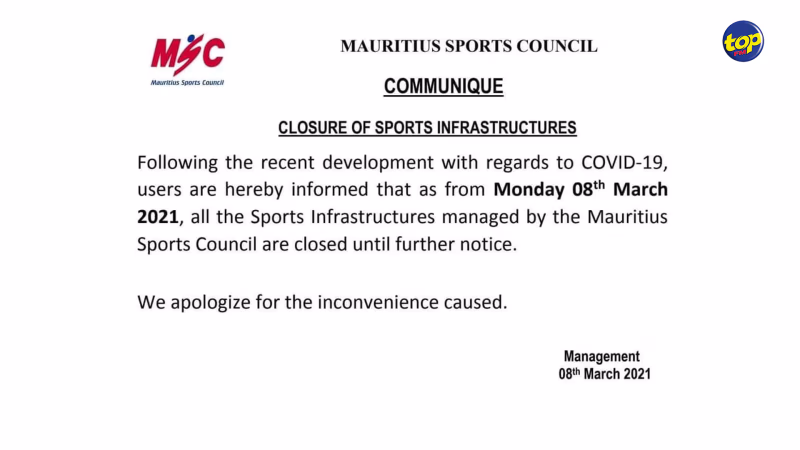 Covid-19 : Les locaux de la Mauritius Sports Council fermés à partir de ce lundi