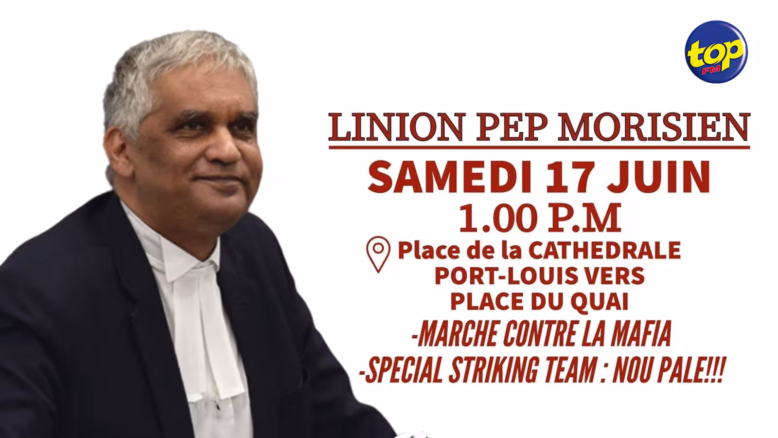 Marche pacifique prévue ce samedi à 13 heures dans la capitale pour combattre la mafia : « Nous pe invite la population vini pour manifester à montrer zot dégout et zot colère » lance Rama Valayden