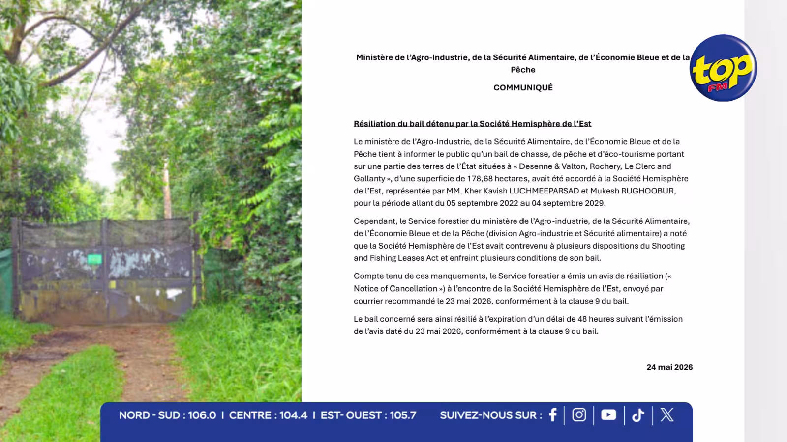Chassée Salazie : le bail de la Société Hemisphère de l’Est  résilié…le ministère de l’Agro-Industrie évoque plusieurs violations du bail