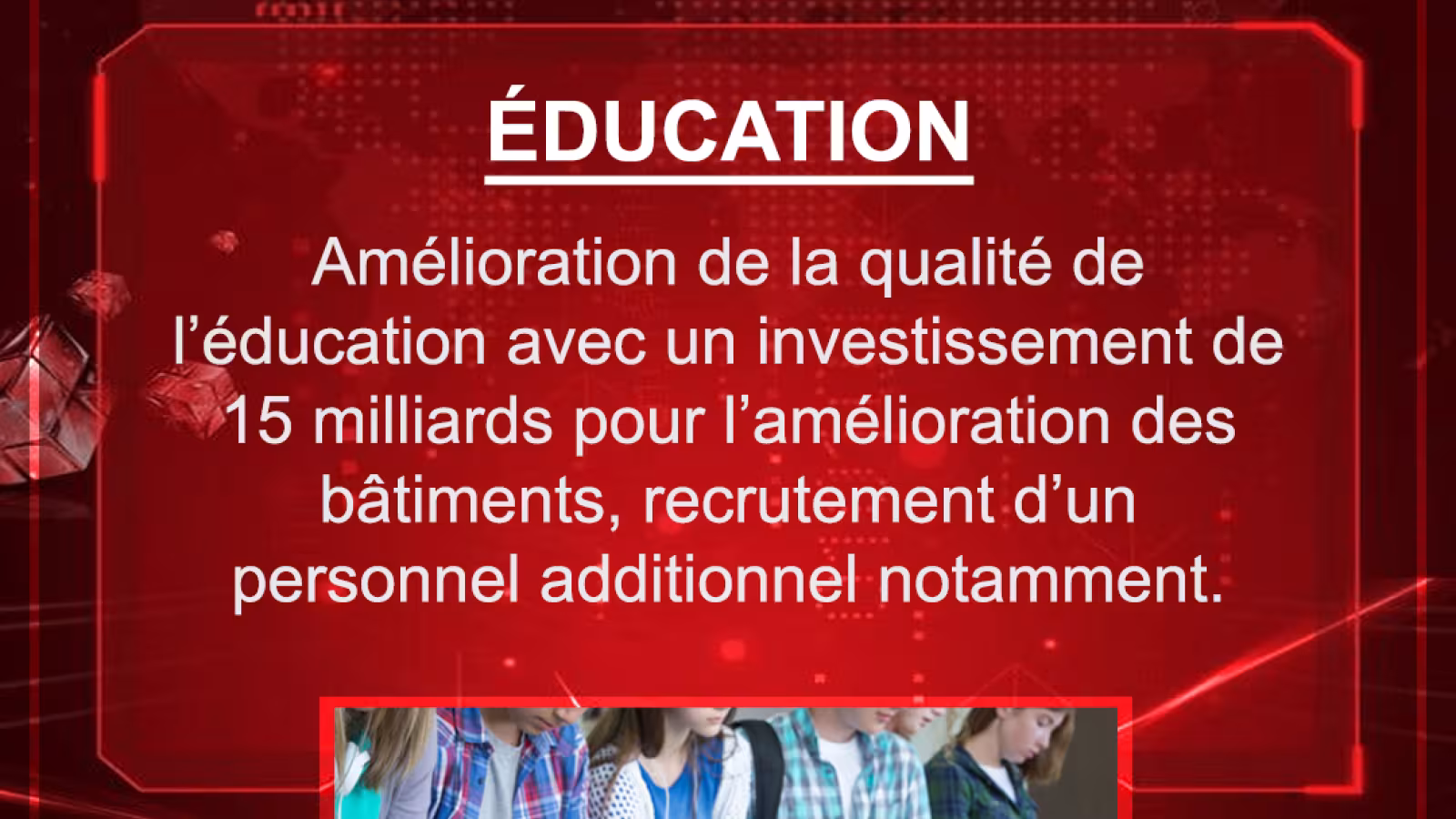 Budget 2021-2022 : Amélioration de la qualité de l’éducation avec un investissement de 15 milliards pour l’amélioration des bâtiments, recrutement d’un personnel additionnel notamment.