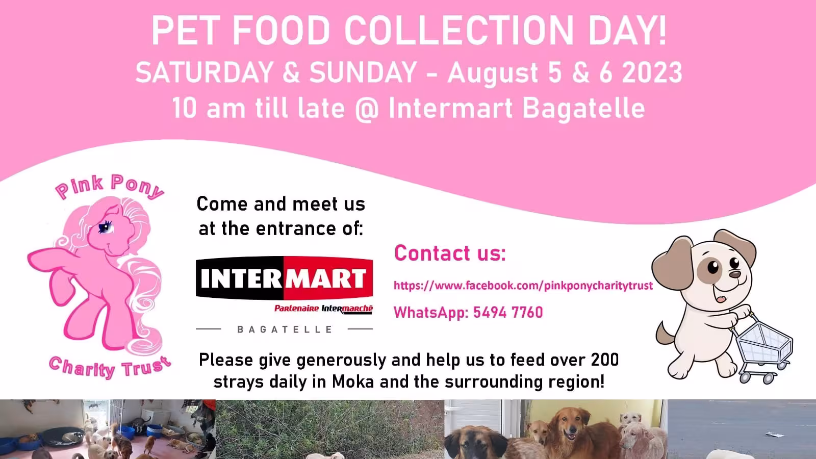 Pour continuer à nourrir les chiens de l’association Pink Pony Charity Trust : Une collecte de nourriture pour animal organisée ce week-end à Intermart, Bagatelle