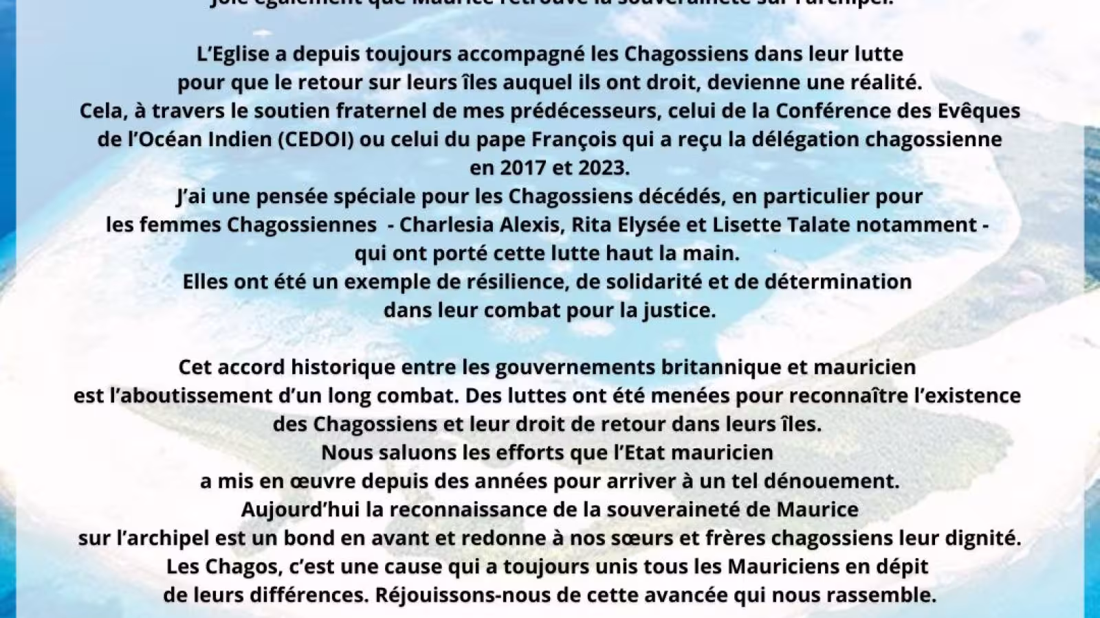 Souveraineté de Maurice sur les Chagos : « Cette victoire rassemble la nation et nous invite à célébrer ensemble cette avancée », affirme Mgr Jean Michaël Durhône