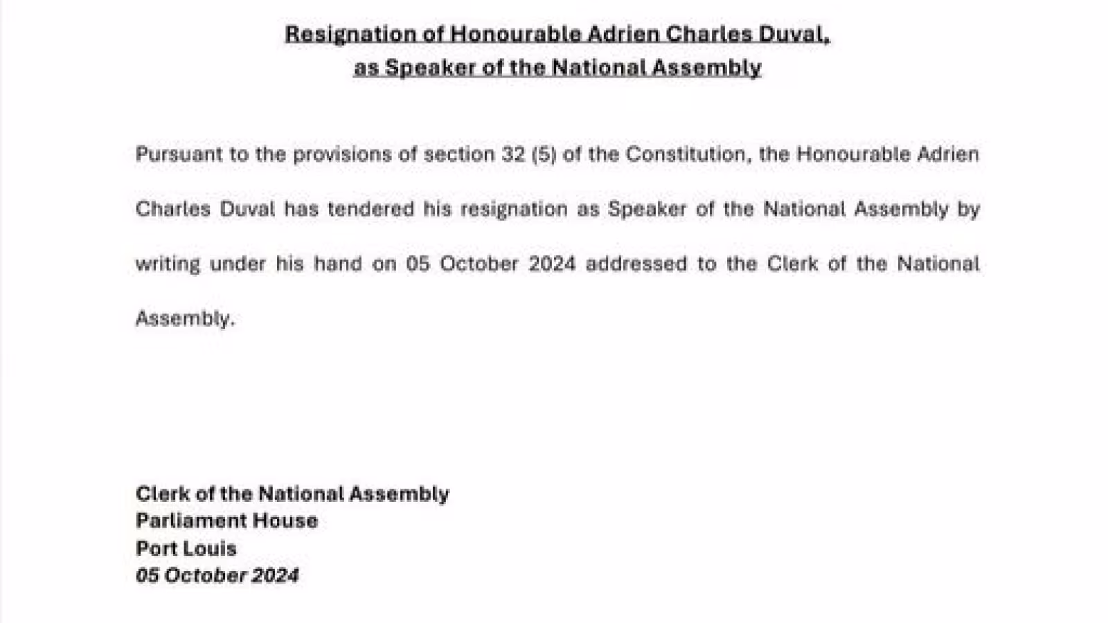 Parlement : démission d’Adrien Duval comme Speaker de l’Assemblée nationale  