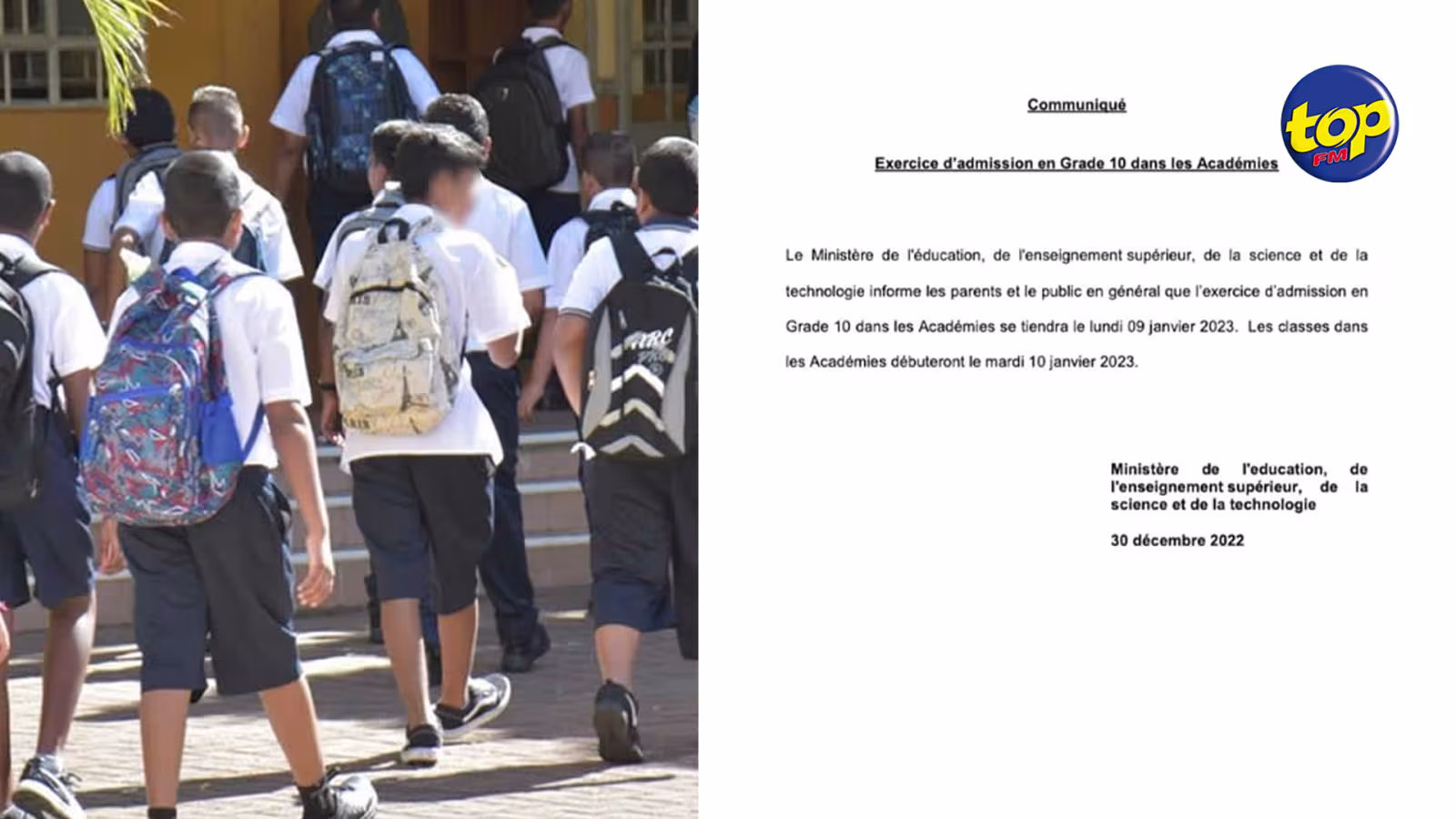 Académies :  L’exercice d’admission en grade 10 se tiendra ce lundi 9 janvier