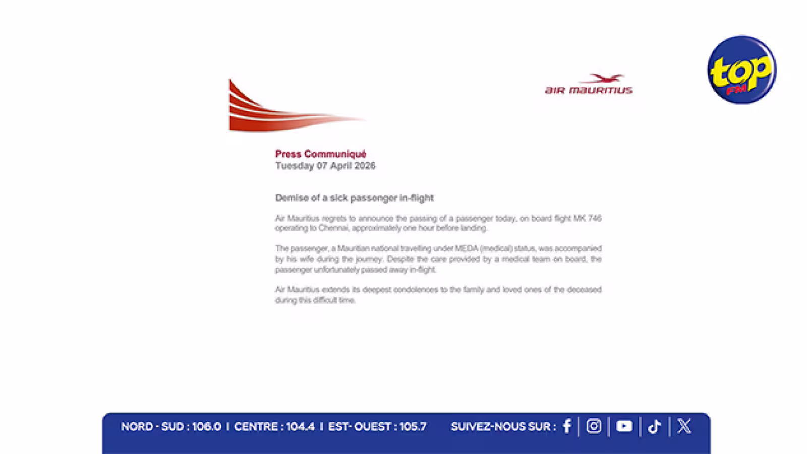 Air Mauritius : un passager décède à bord du vol MK 746 avant l’atterrissage à Chennai