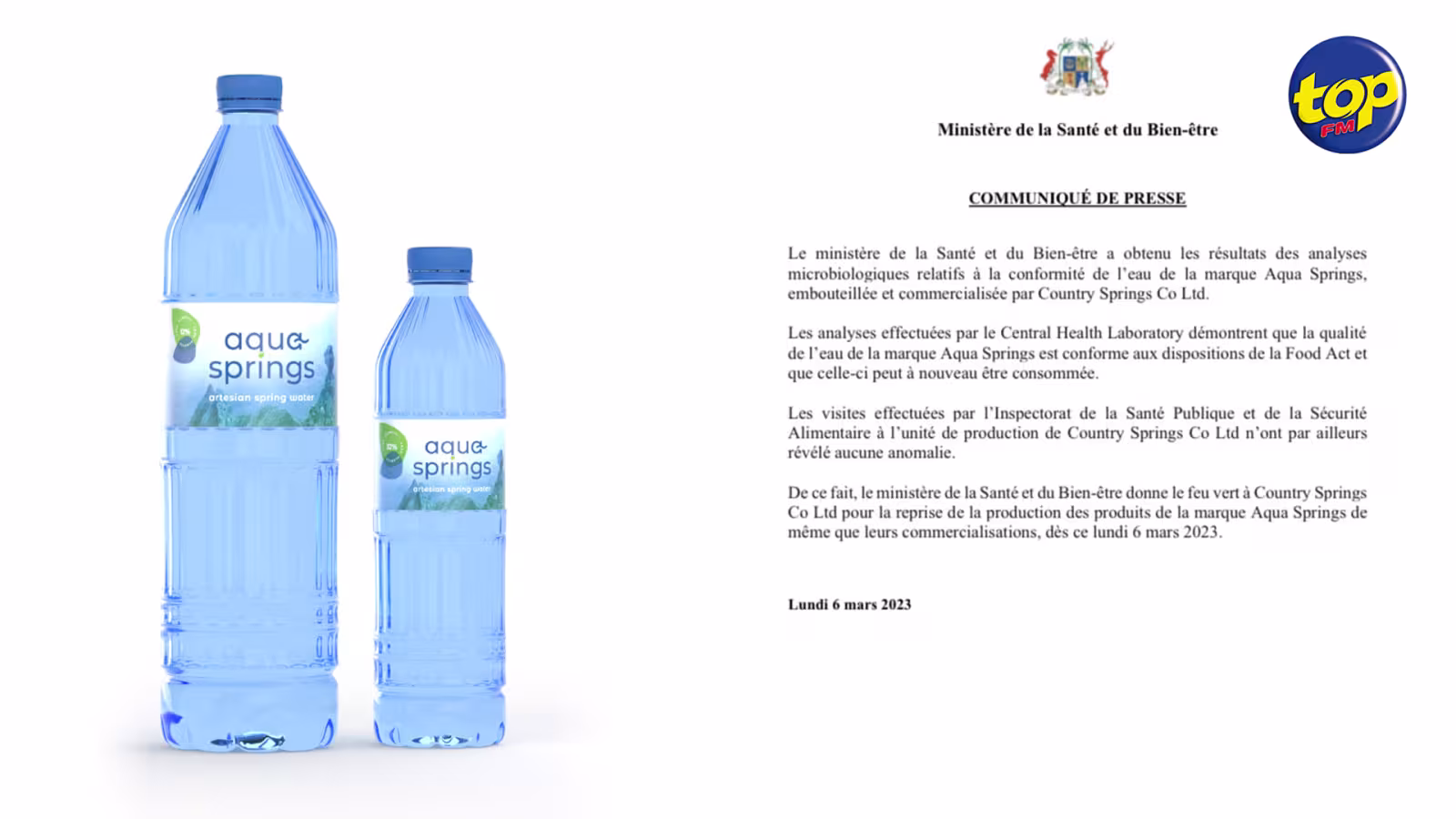 Annonce du ministère de la Santé : L’eau embouteillée de la marque Aqua Springs peut être à nouveau être consommée