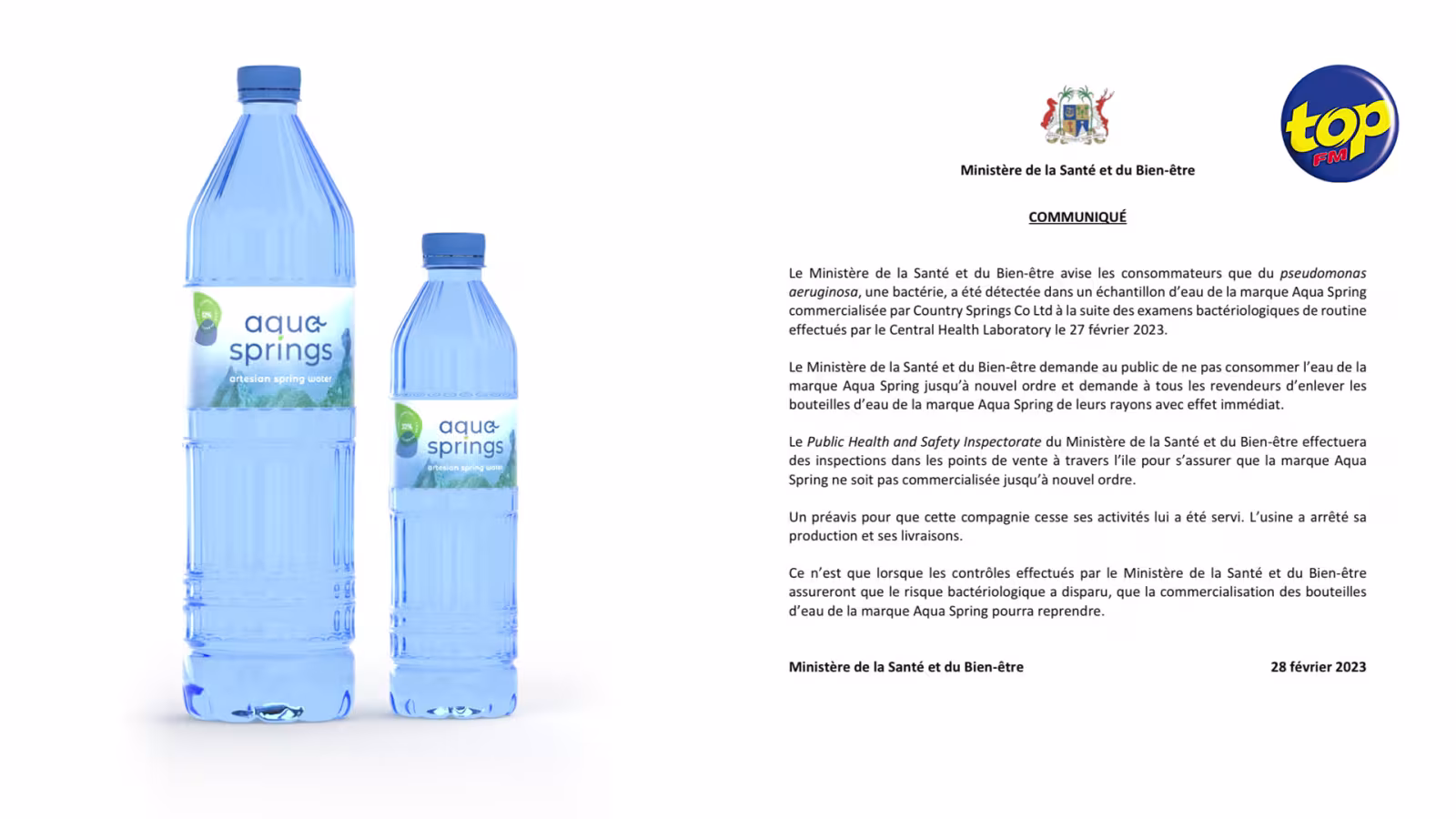 La bactérie pseudomonas aeruginosa détectée dans un échantillon : Les autorités demandent à la population de ne pas consommer l’eau de la marque Aqua Springs et aux revendeurs de les enlever des rayons