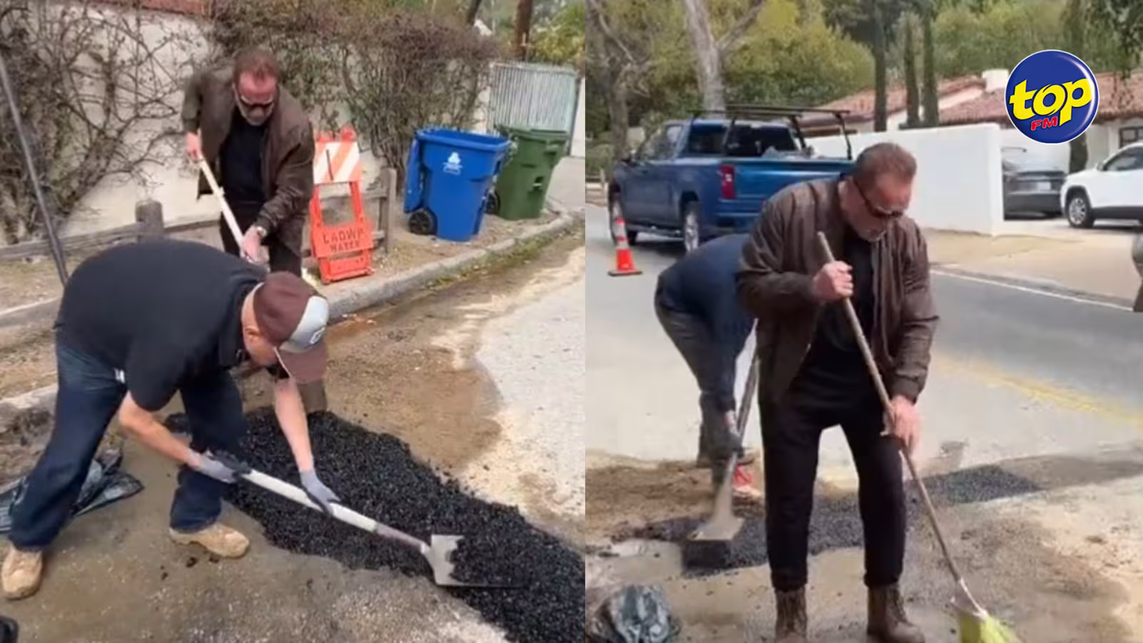 Arnold Schwarzenegger répare lui-même un nid de poule dans son quartier