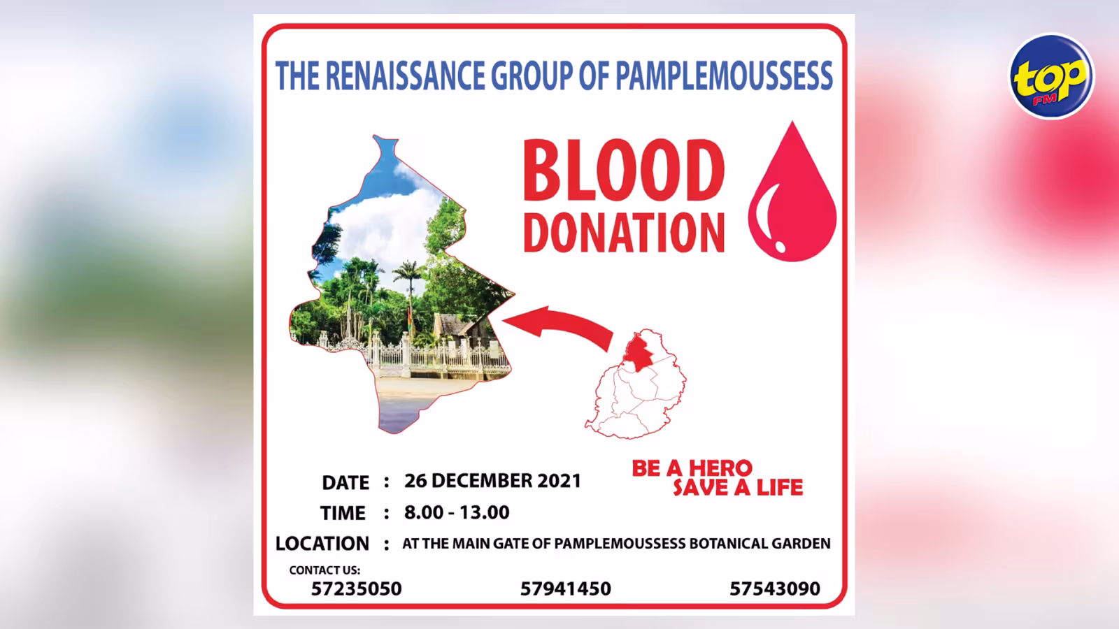 Le Groupe Renaissance de Pamplemousses organise une collecte de sang au Jardin Botanique, ce dimanche 26 décembre