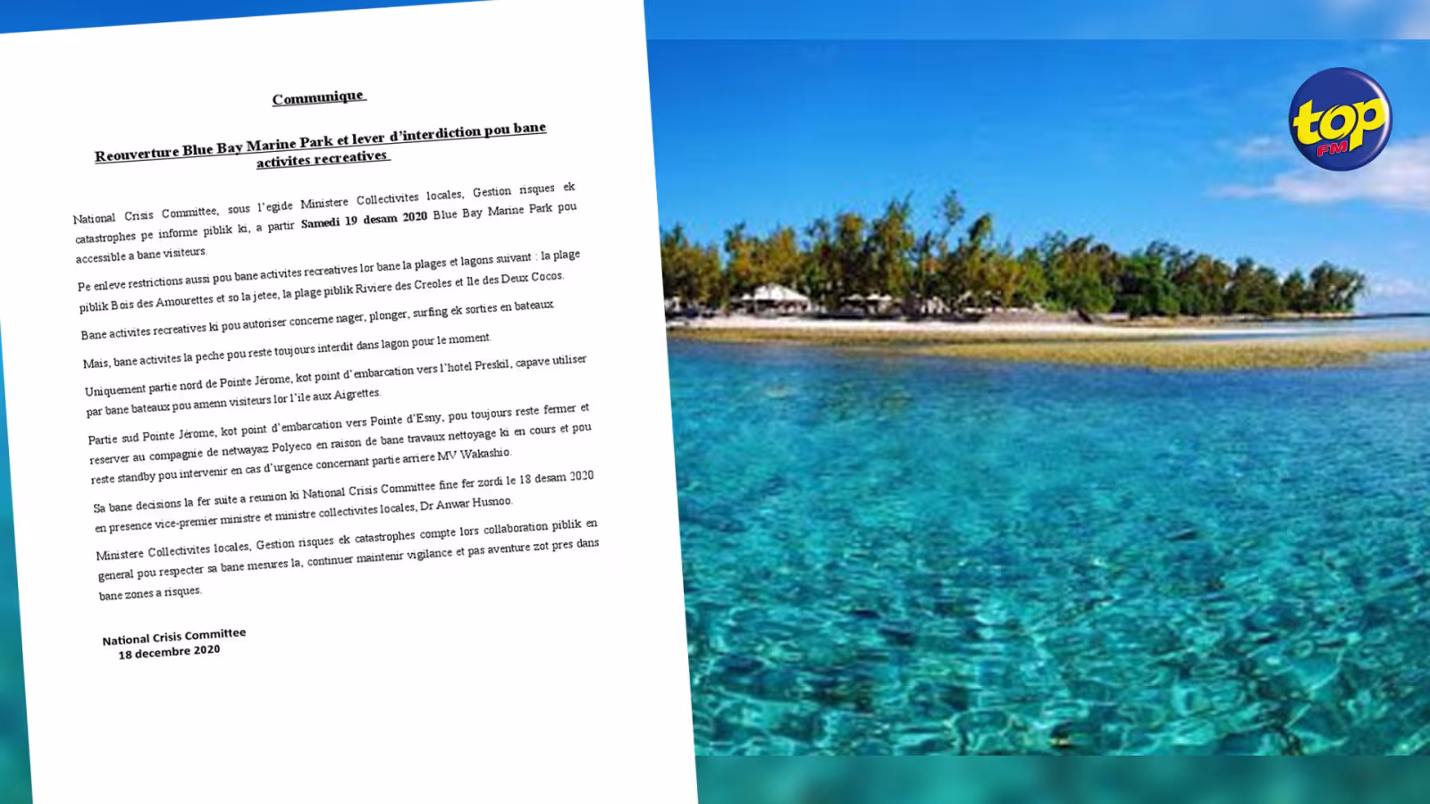 Reouverture du Blue Bay Marine Park et levée d’interdiction des activités recréatives à partir de ce samedi