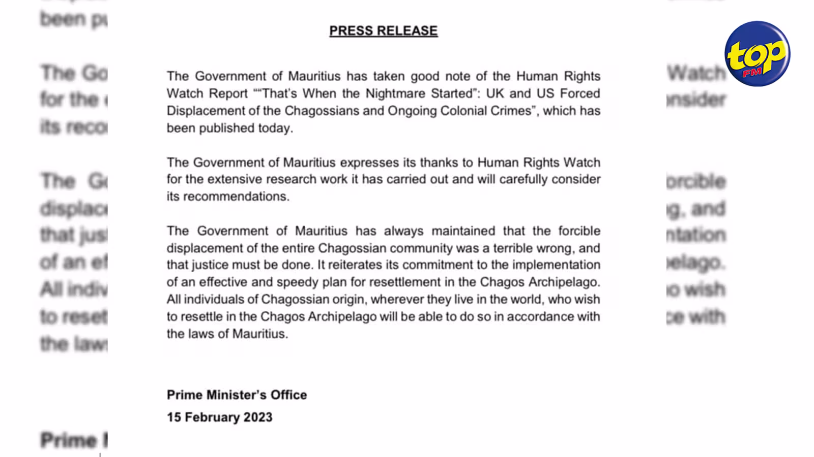 Après le rapport du Human Rights Watch sur les Chagos : Le bureau du Premier ministre réitère son engagement à venir rapidement avec un plan de réinstallation sur l’archipel