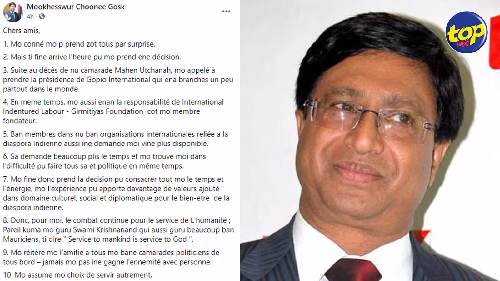 Expliquant sa démission du PTr : « Je suis appelé à succéder à Mahen Utchanah à la présidence de GOPIO International », affirme Mookhesswur Choonee