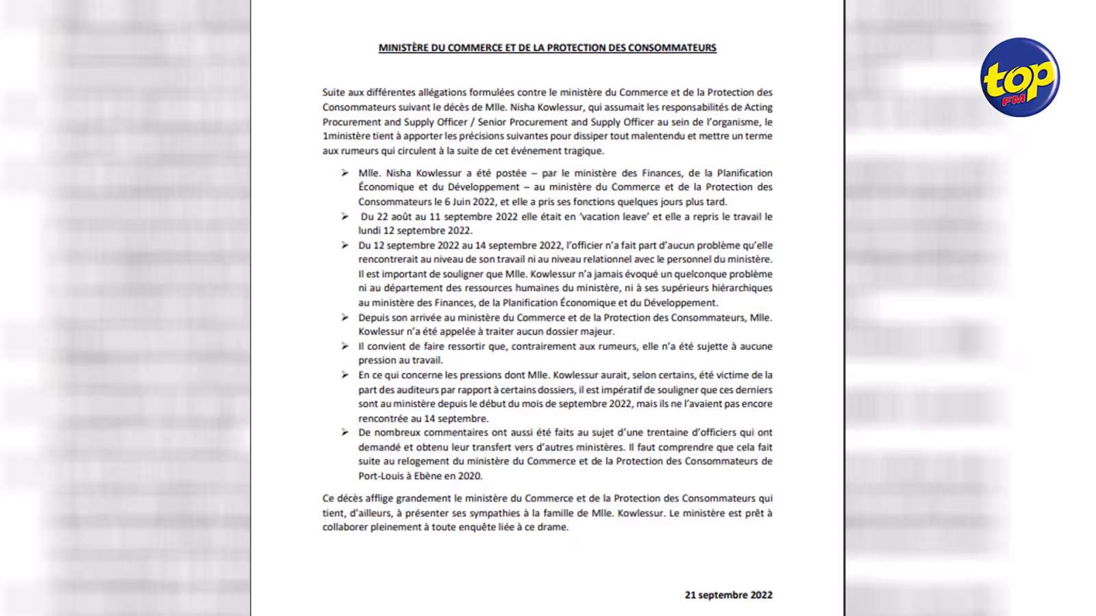 Suicide d’une Acting Procurement and Supply Officer : Le ministère du Commerce dit être prêt à collaborer à toute enquête