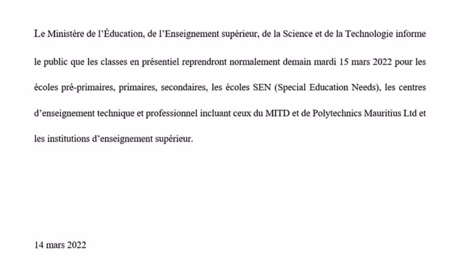 Éducation : Les classes reprennent normalement demain