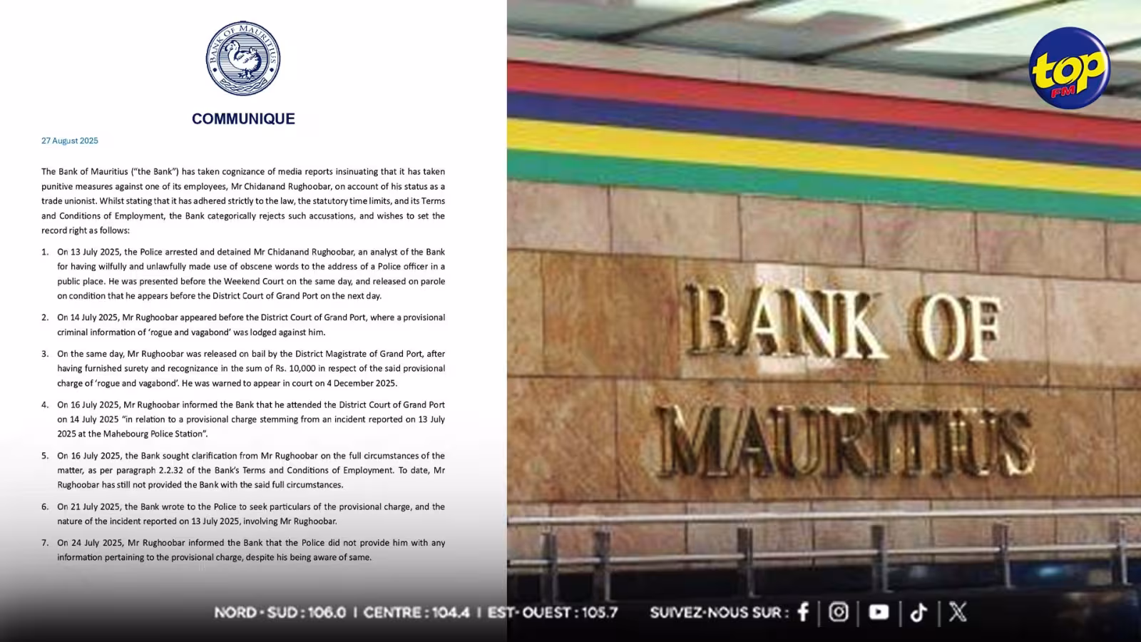 Banque de Maurice : aucune sanction liée au statut syndical de l’analyste Chidanand Rughoobar