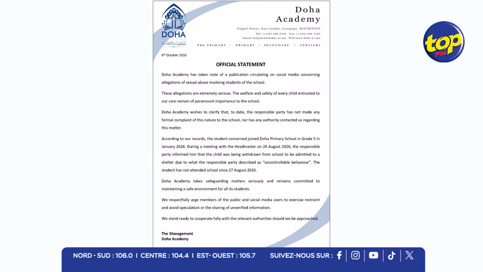 Allégations d’abus sexuels : la Doha Academy affirme n’avoir reçu aucune plainte officielle des parents de la fillette