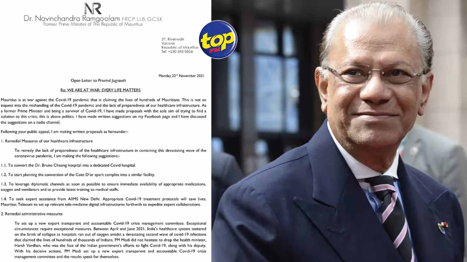 Le Dr. Navin Ramgoolam adresse une lettre ouverte à Pravind Jugnauth avec des propositions pour gérer la pandémie