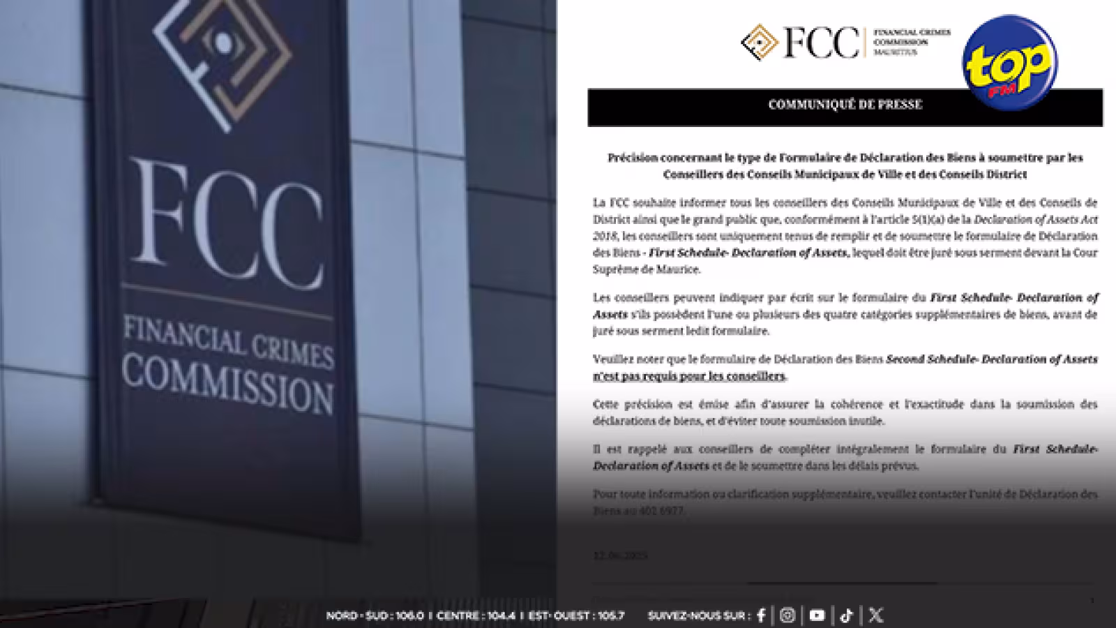 Conseillers municipaux et de district : seul le formulaire de la 1ère annexe est requis pour la déclaration d’actifs, précise la FCC