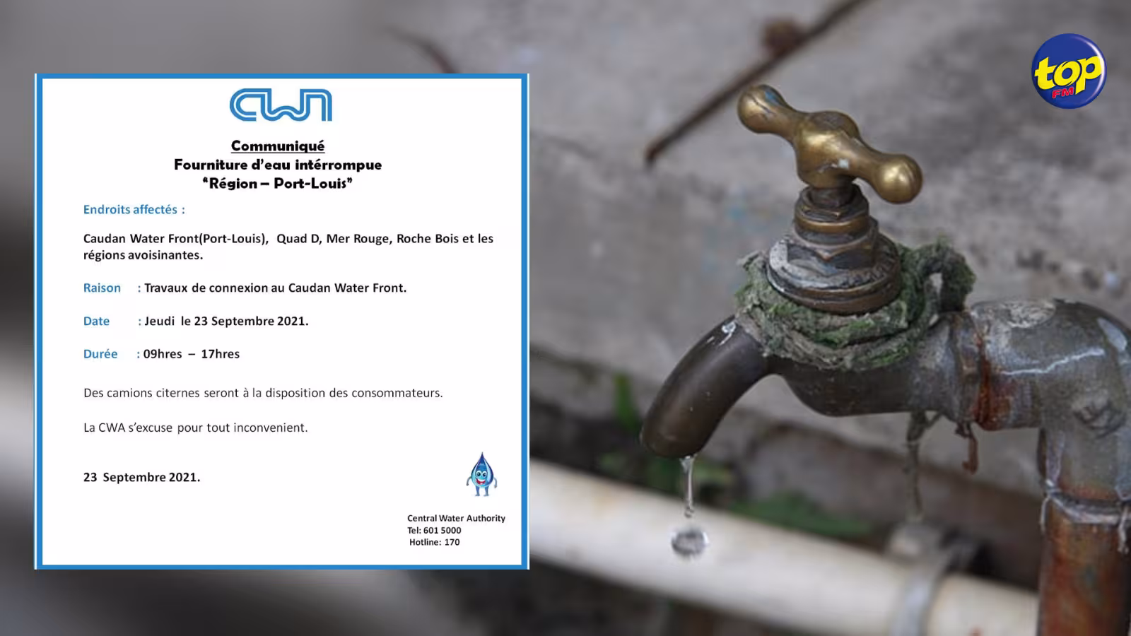 Ce jeudi à Port-Louis : la CWA annonce que la fourniture d’eau sera interrompue dans plusieurs régions