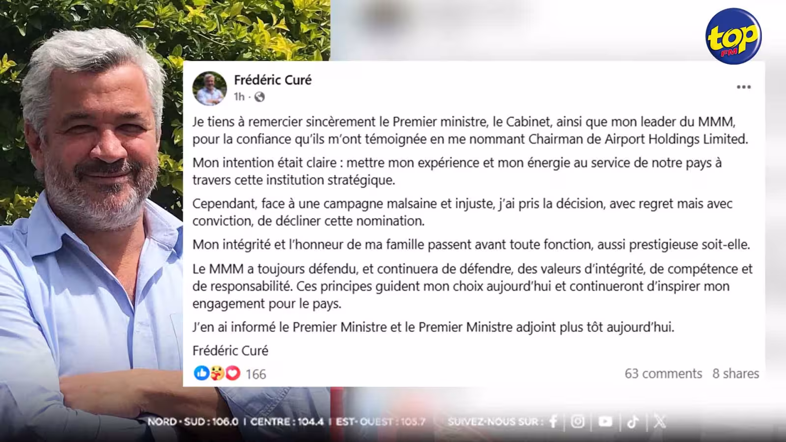 Après une campagne jugée « malsaine » : Frédéric Curé décline son poste à Airport Holdings Limited
