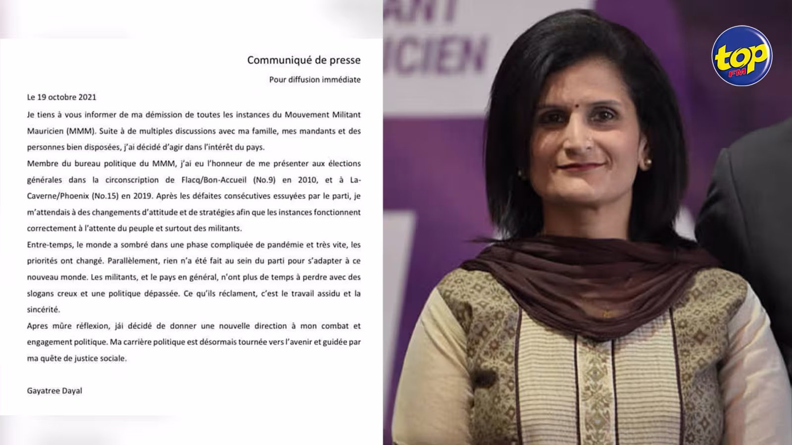 Politique : Gayatree Dayal quitte le MMM