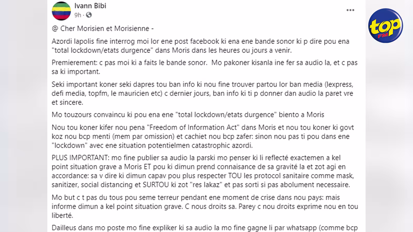 La charge de ‘breach of ICTA’,retenue contre Ivann Bibi,rayée en cour : « j’avais spécifié que les informations dans le poste n’étaient pas vérifiées, » s’exclame l’activiste