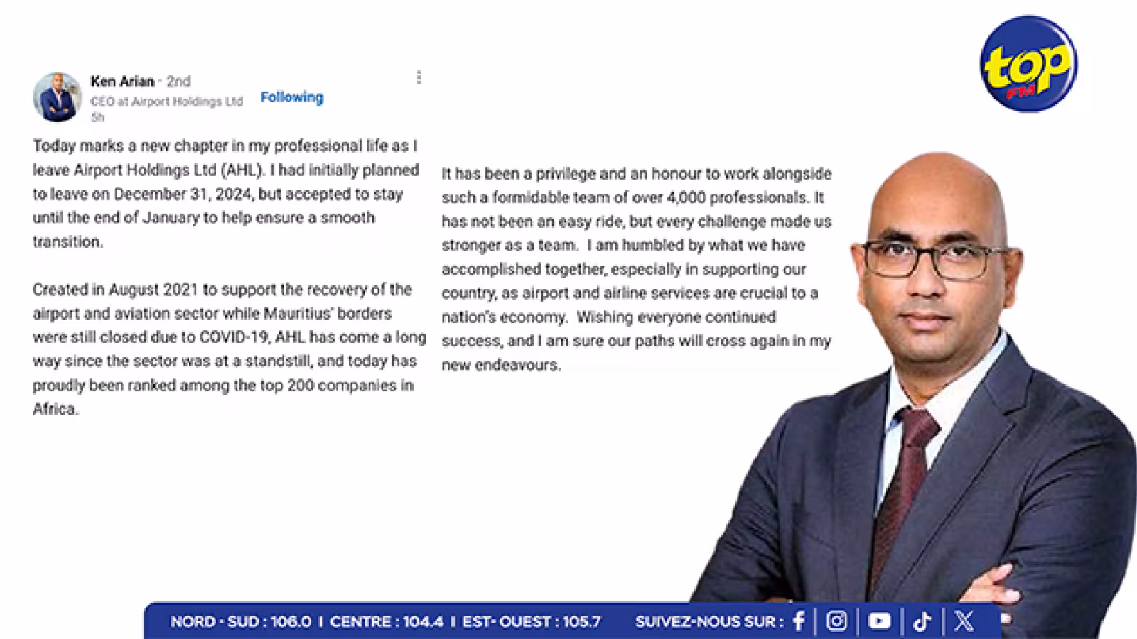 Ken Arian quitte Airport Holdings Ltd : « Un nouveau chapitre de ma vie professionnelle commence »