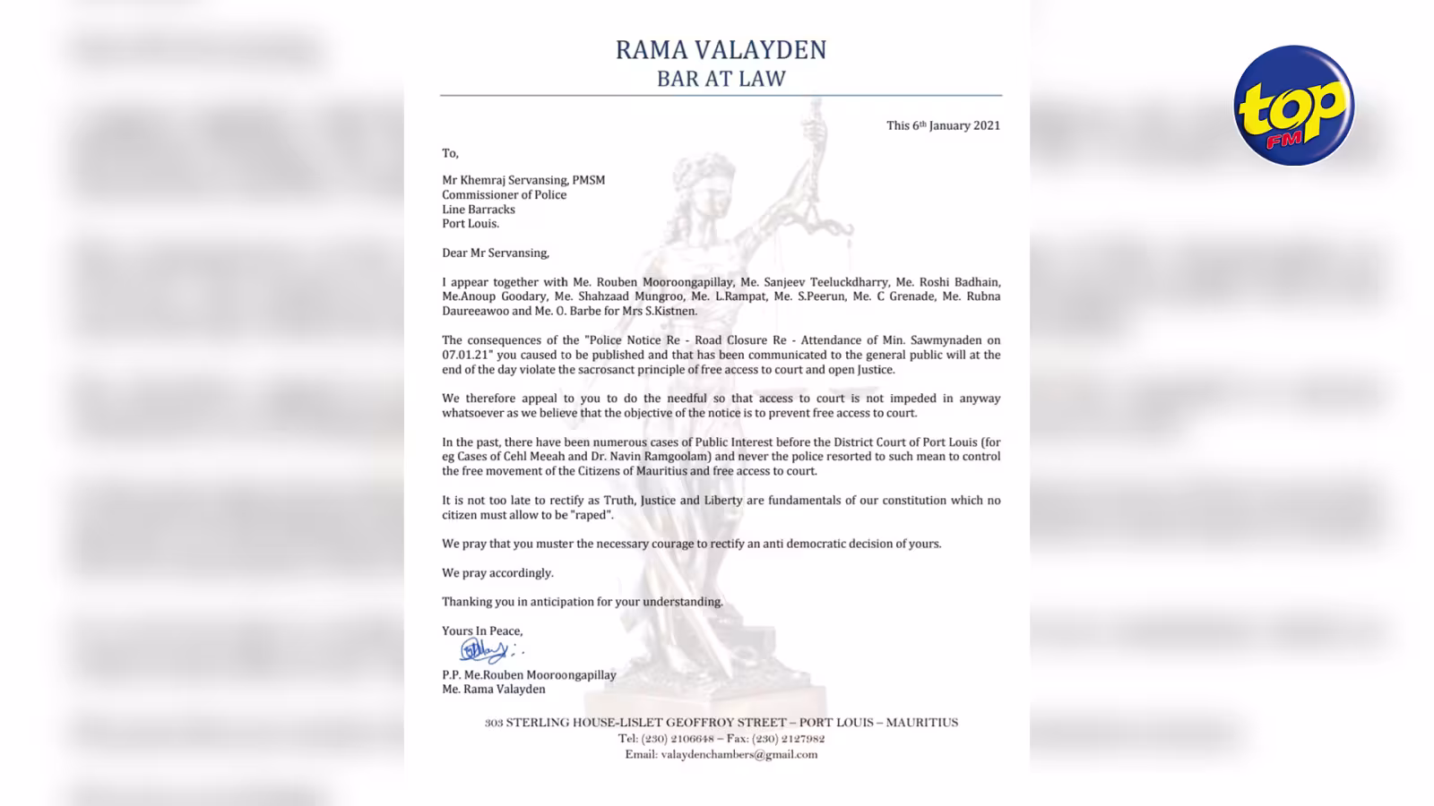 Restrictions imposées par la police dans le cadre de la comparution de Yogida Sawminaden : « Il n’est pas trop tard vous pouvez toujours revoir votre décision au nom des principes sacro-saints de libre accès à la cour et à la justice », écrivent les Avengers au Commissaire de police