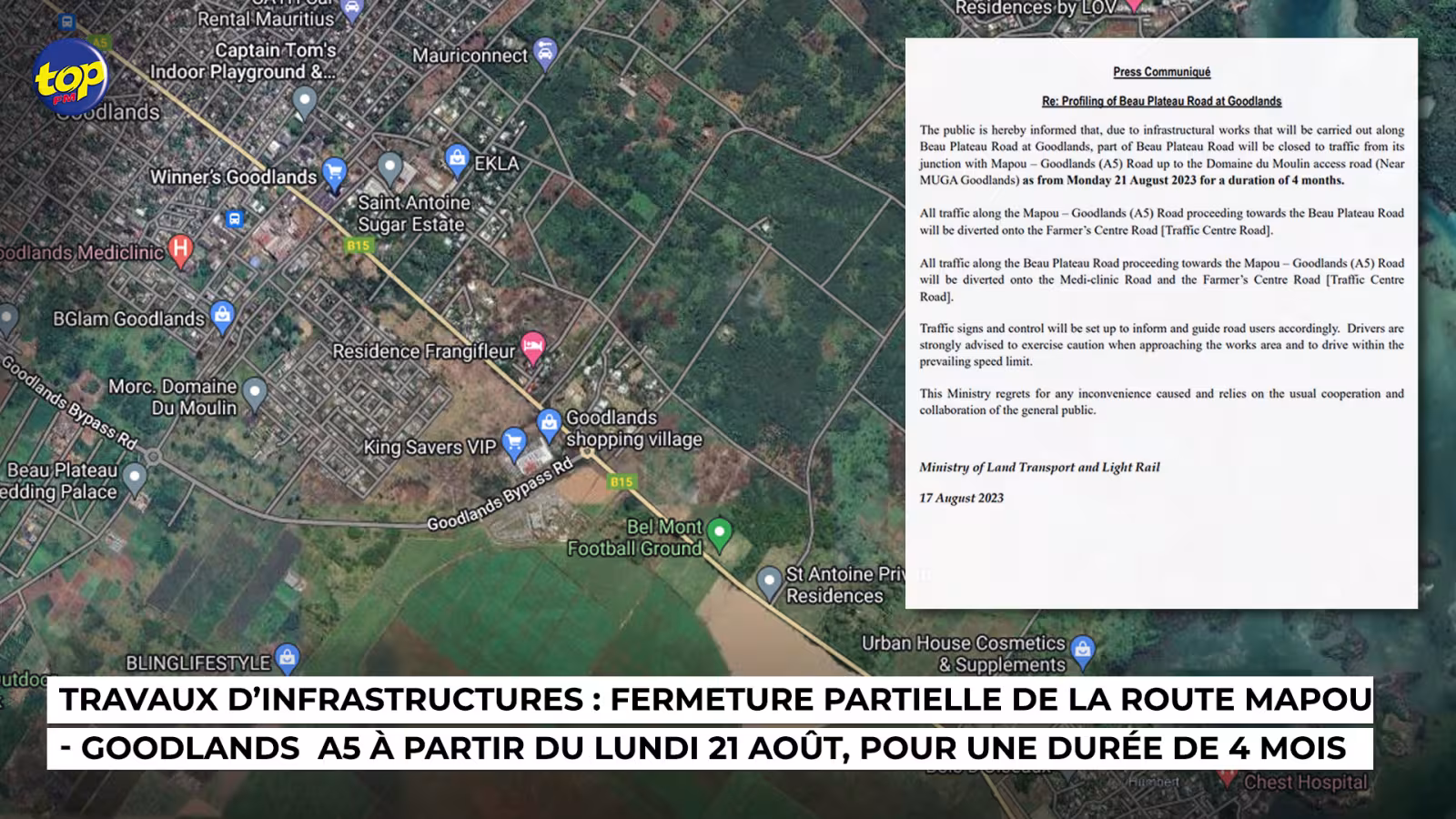 Travaux d’infrastructures : Fermeture partielle de la route Mapou-Goodlands  A5 à partir du lundi 21 Août, pour une durée de 4 mois