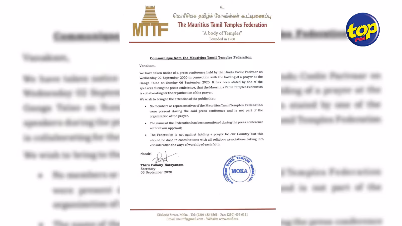 Conférence de presse de la Hindu Coolie Parivaar : la Mauritius Tamil Temples Federation dénonce l’utilisation de son nom sans son autorisation