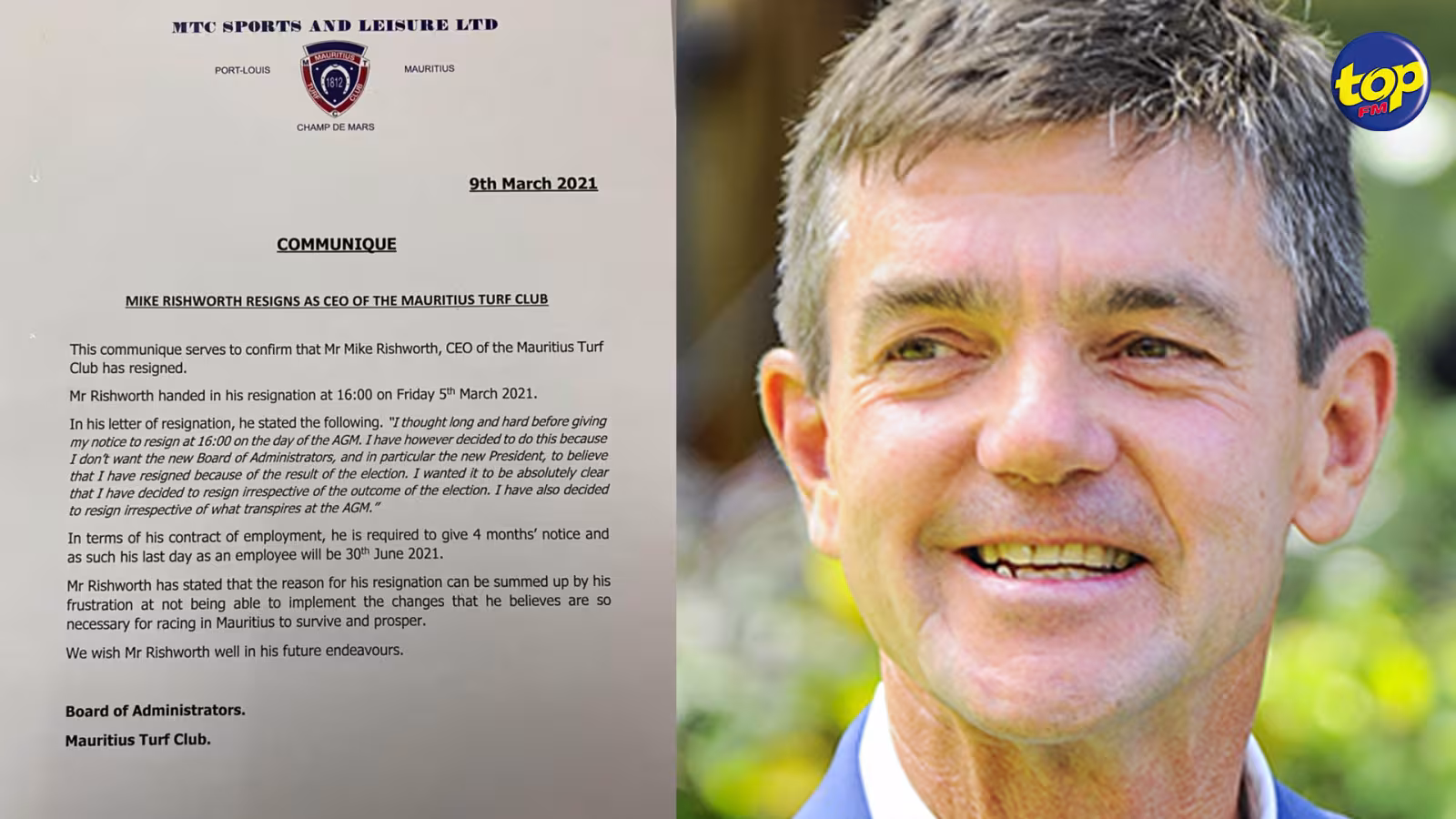 Mike Rishworth démissionne du Mauritius Turf Club