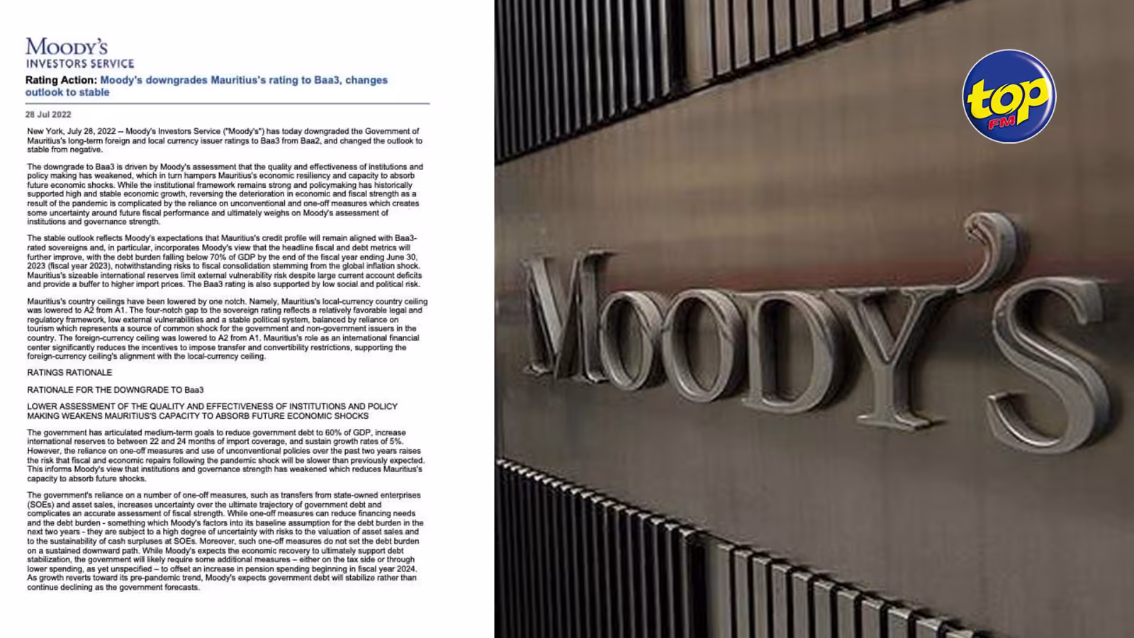 Moody’s rétrograde Maurice de Baa2 à Baa3 : Une baisse dans la qualité et l’efficience des institutions et le policy making ont affaibli la capacité de Maurice à absorber les chocs économiques, soutient l’agence de notation