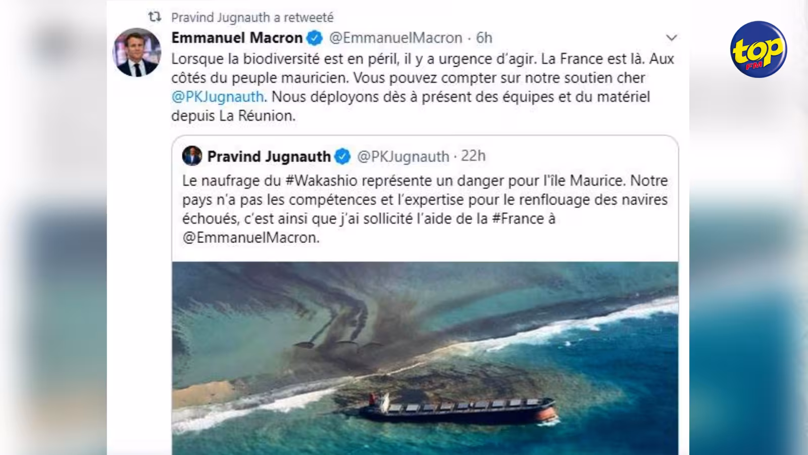 Appel au président français sur Twitter pour venir à Maurice sur le dossier Wakashio :  Il s’agirait d’un faux compte au nom de Pravind Jugnauth