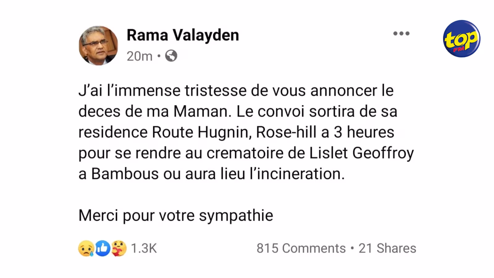 Nécrologie : Décès de la mère de Rama Valayden ce matin