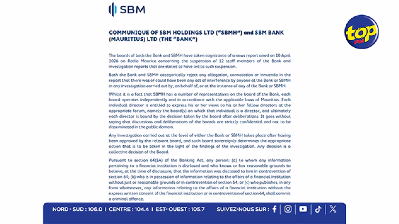SBM dément toute ingérence dans les enquêtes internes