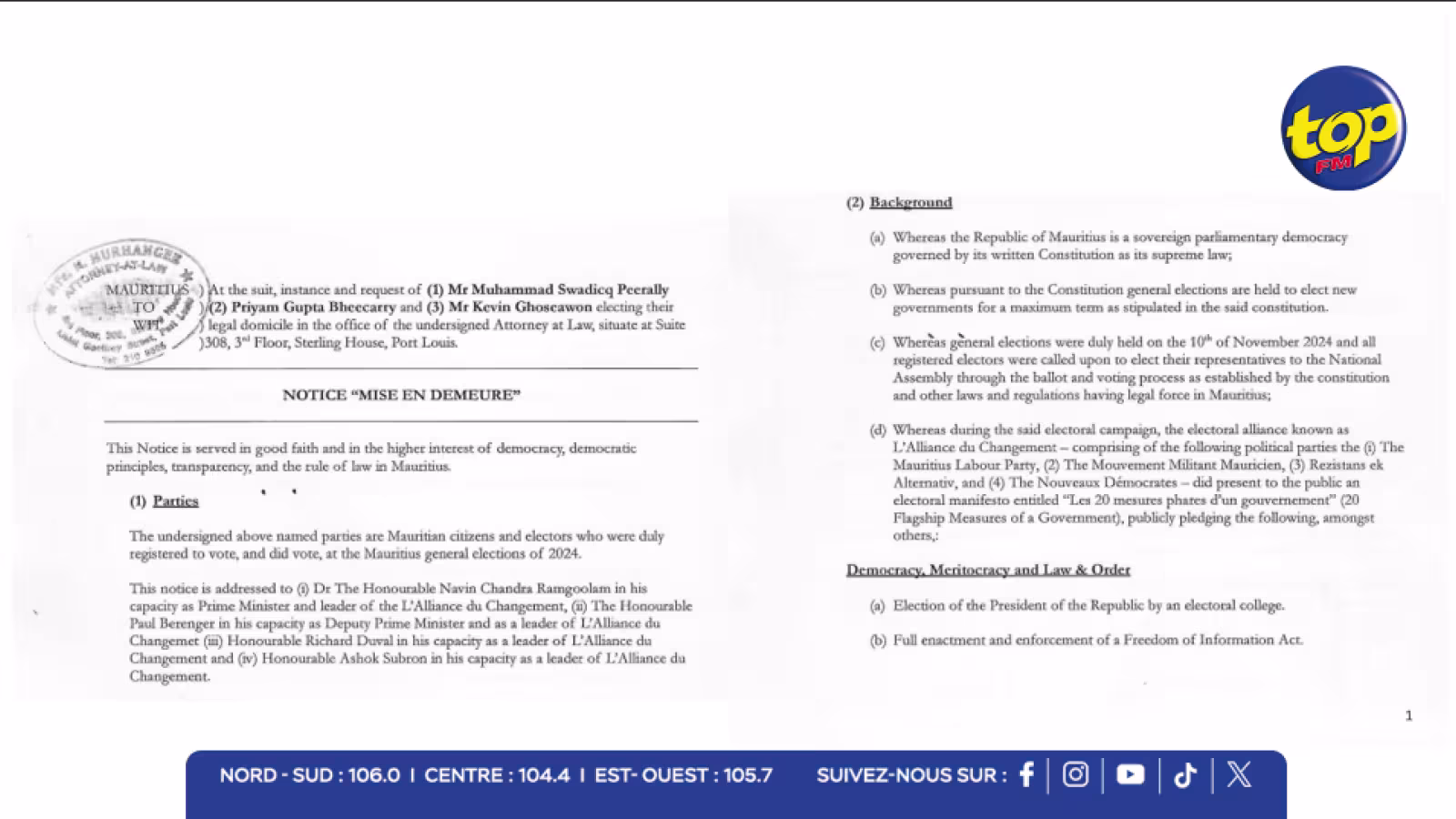 Une mise en demeure adressée au gouvernement et aux dirigeants de l’Alliance du Changement par trois électeurs mauriciens