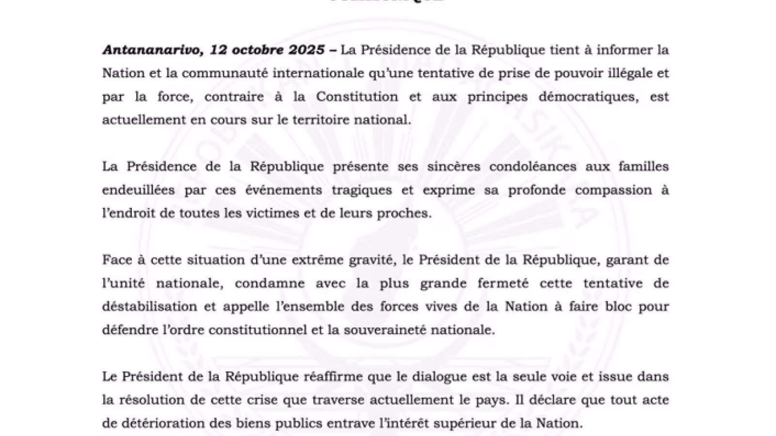 Madagascar : La présidence condamne une tentative de prise de pouvoir illégale.