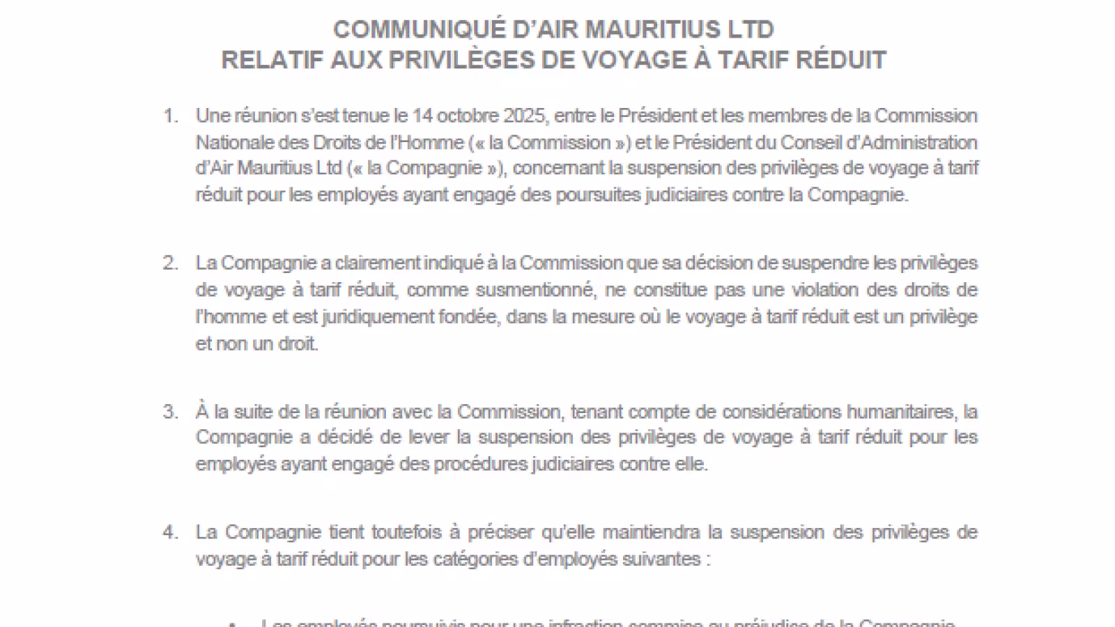 Voyages à tarif réduit : Air Mauritius fait marche arrière pour certains employés