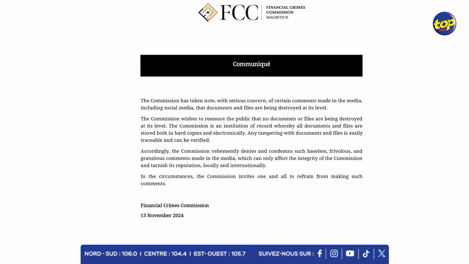 Appel à la prudence : La Financial Crimes Commission (FCC) dément les rumeurs de destruction de documents