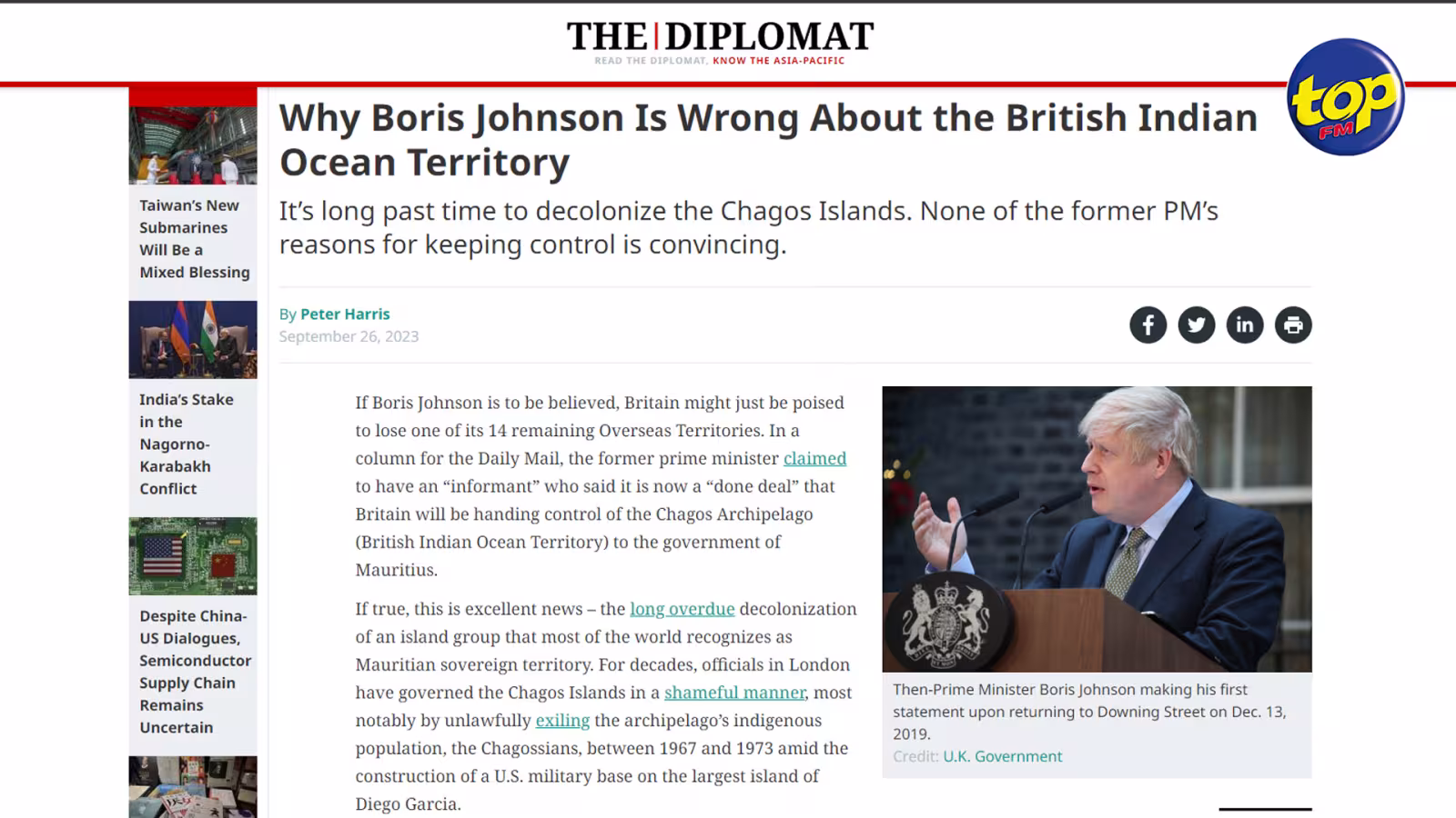 « Pourquoi Boris Johnson a tout faux sur le BIOT » : Peter Harris, chargé de cours de l’Université de Colorado, donne la réplique à l’ex-Premier ministre britannique