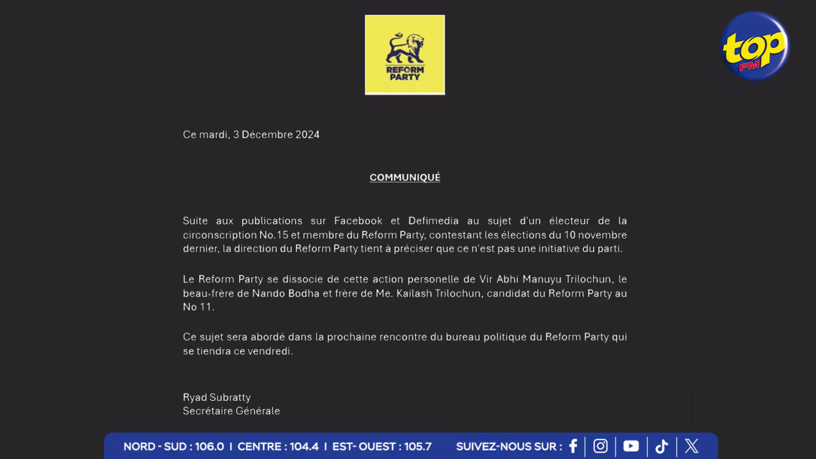Pétition électorale contre les élus du NO 15 : « Le Reform Party se dissocie de cette action personnelle  de Vir Abhi Manuyu Trilocchun» , précise un communiqué  émis ce 3 décembre