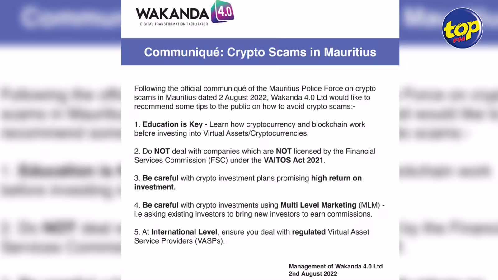 Cryptomonnaies : L’entreprise Wakanda 4.0 donne le public quelques conseils pour éviter tout arnaque…
