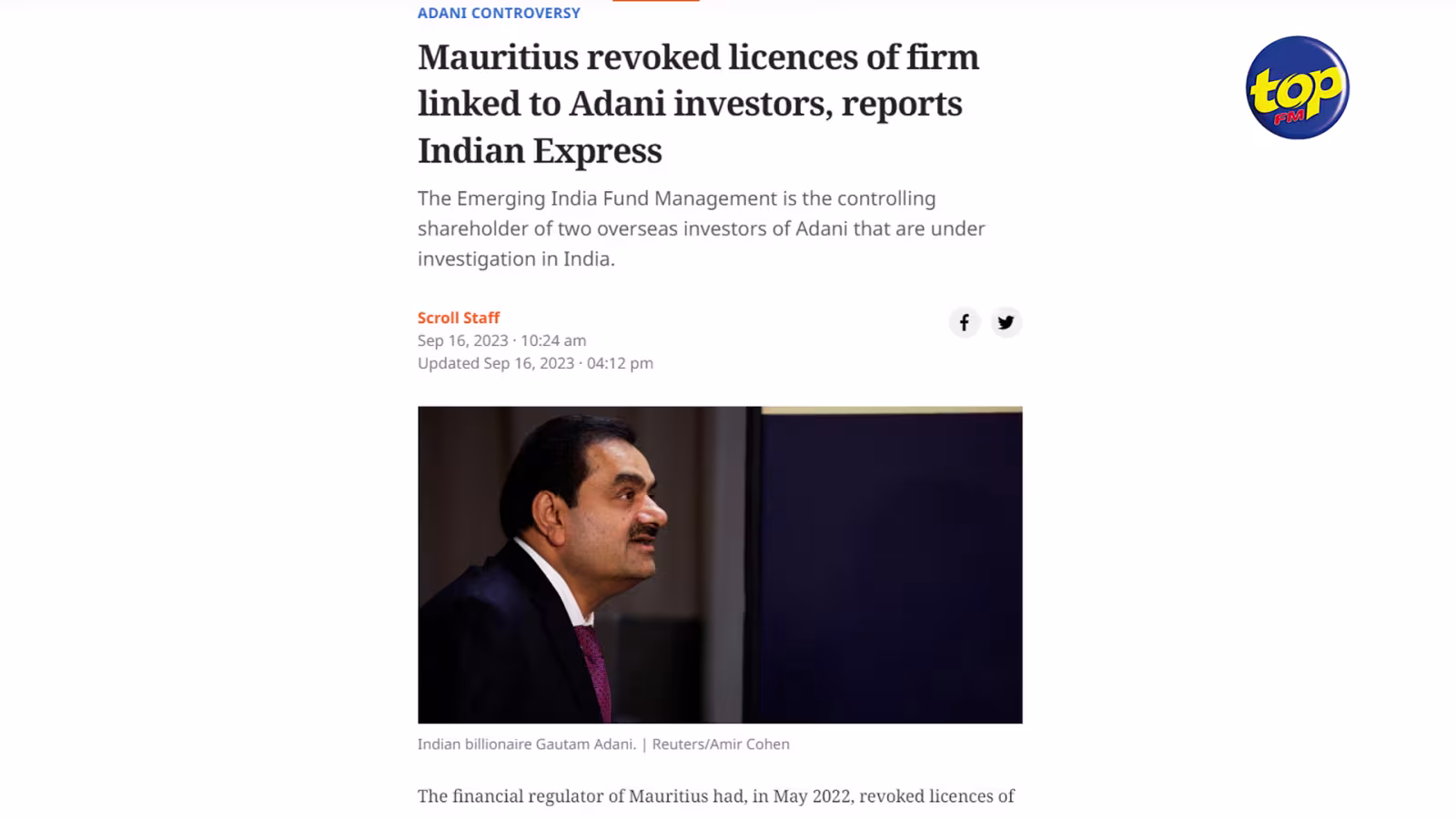 Selon The Indian Express : La FSC à Maurice avait révoqué dès mai 2022 les licences de l’actionnaire de contrôle de deux investisseurs étrangers du groupe Adani qui font l’objet d’une enquête en Inde