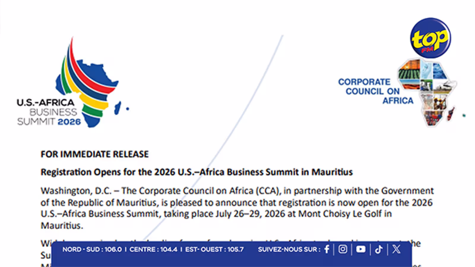 Sommet U.S.–Africa 2026 : les inscriptions officiellement lancées…réservez votre place dès maintenant