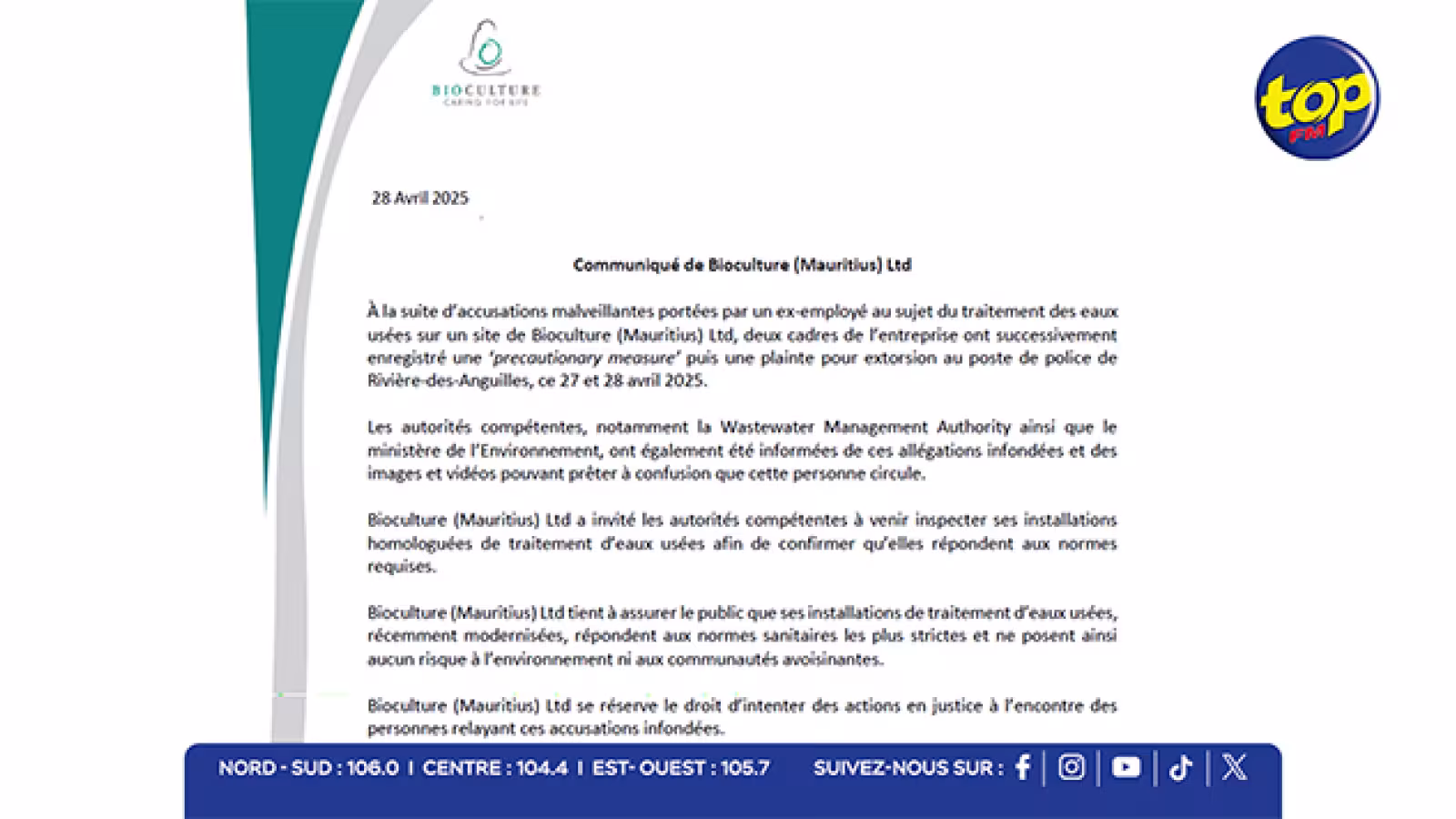 Traitement des eaux usées : Bioculture (Mauritius) Ltd défie les accusations et invite les autorités à vérifier ses installations