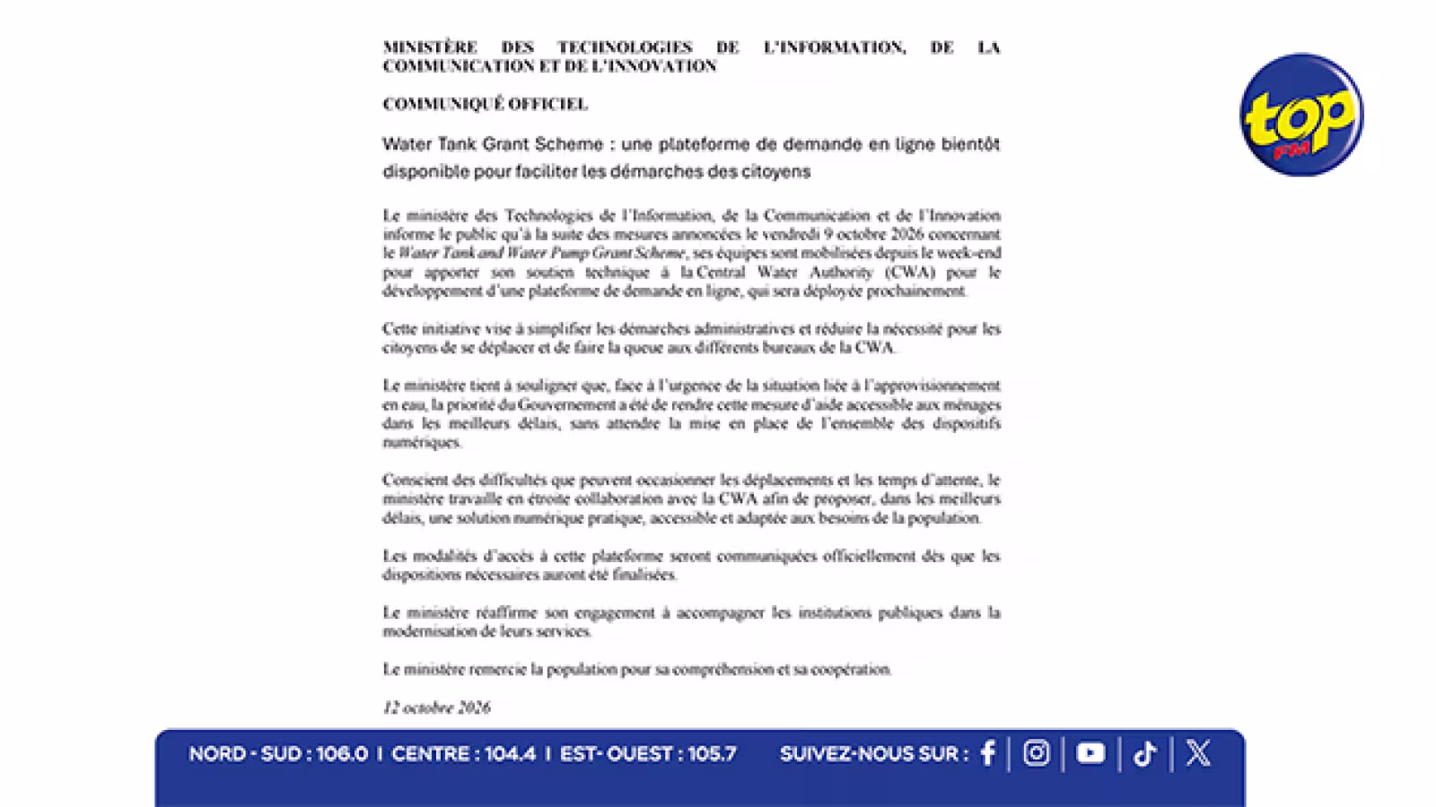Water Tank Grant Scheme : les demandes bientôt accessibles en ligne 
