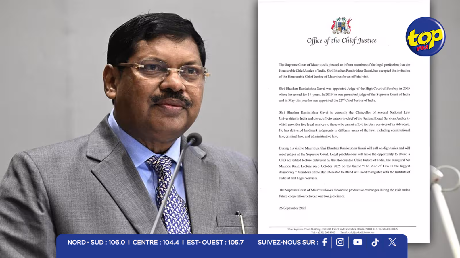 Le Chef Juge de l’Inde, Shri Bhushan Ramakrishna Gavai, en visite officielle à Maurice en octobre