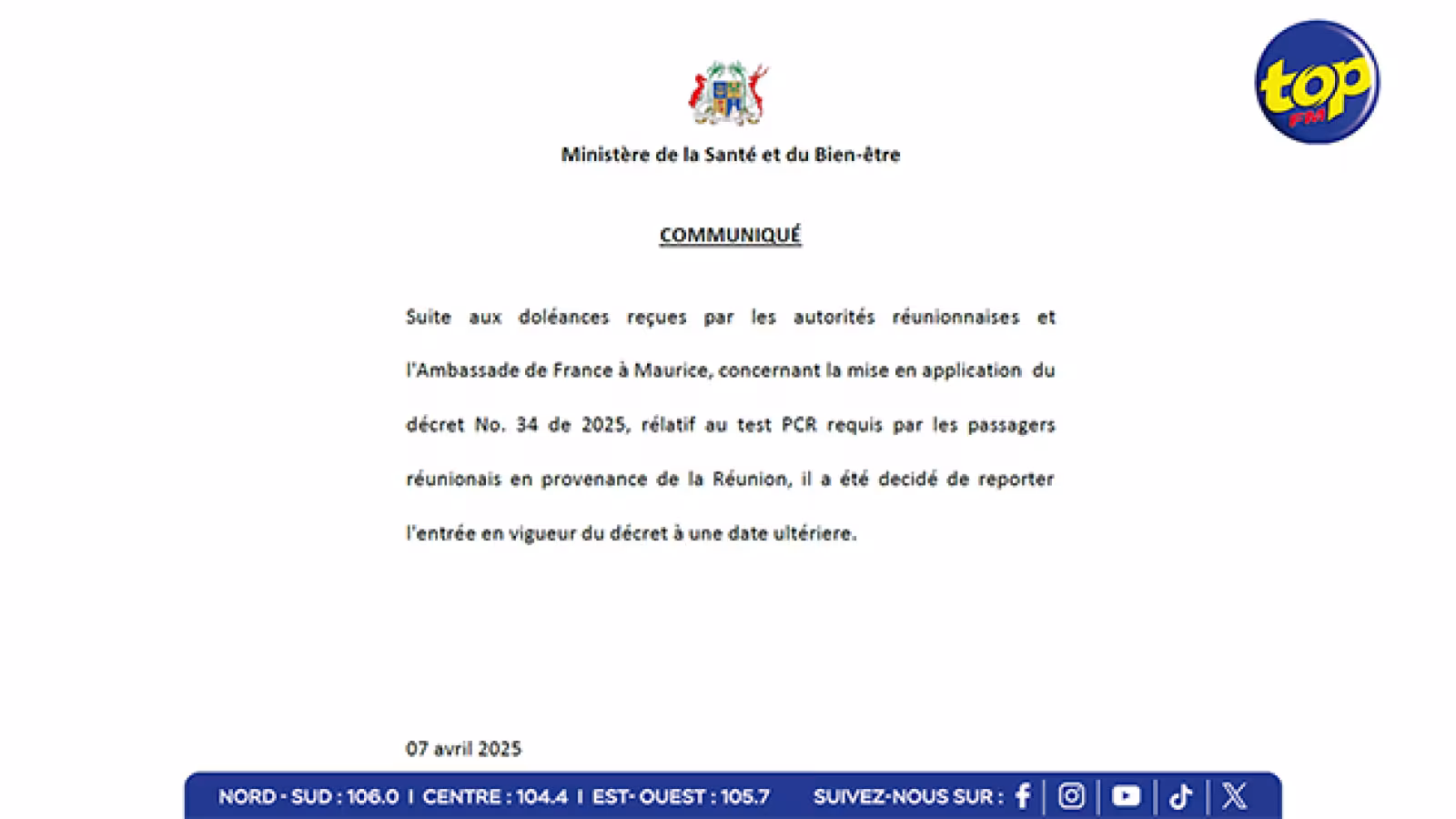Test PCR pour les passagers réunionnais : Le ministère de la Santé à Maurice reporte l'application à une date ultérieure