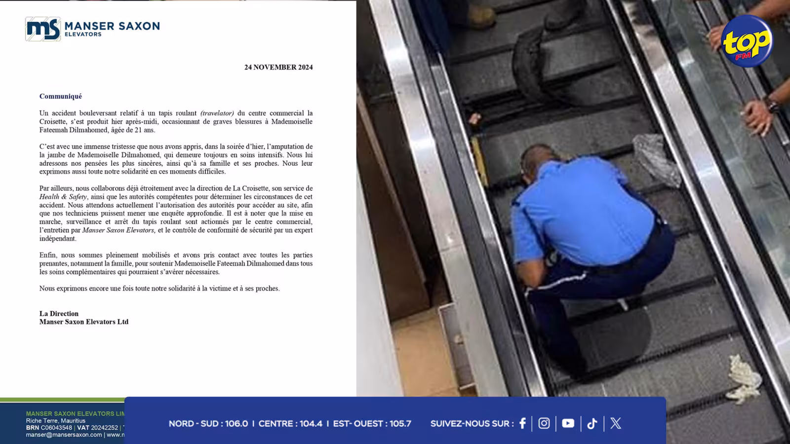 Accident tragique à La Croisette coûtant une jambe à Fateemah Dilmahomed, 21 ans : Manser Saxon Elevators précise ses responsabilités